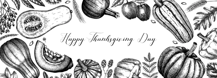Thanksgiving background. Pumpkins black and white sketches. Autumn plants and fruit drawings. Vector vegetables, butternut squash, marrow, pumpkin sketches. Fall banner design. Harvest festival.